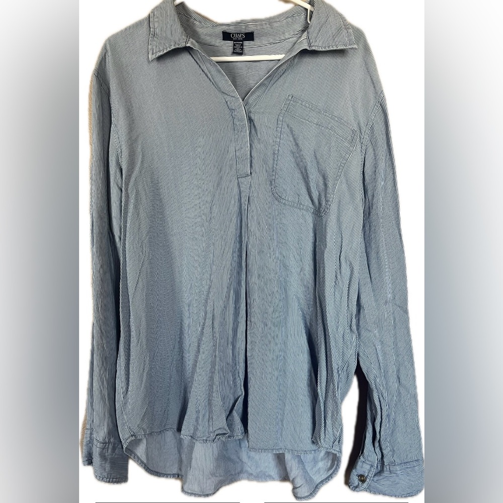 Chaps Women's Striped Blue & White Long Sleeve Blouse- chest pocket. Size XXL